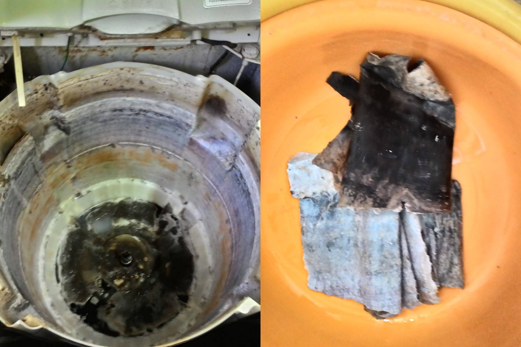 這台洗衣機的底部充滿黑色油垢